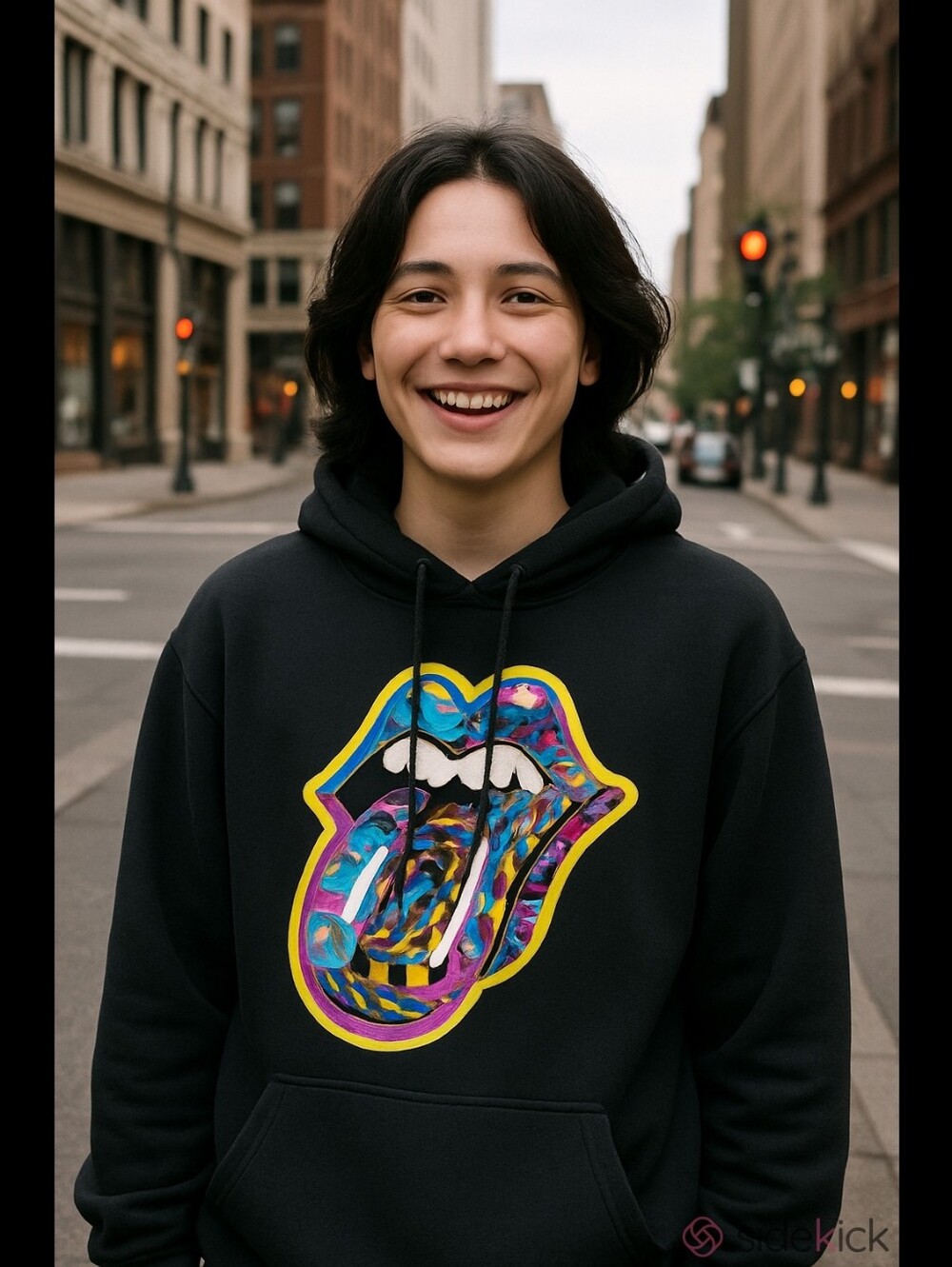 Rolling Stones XL Black Pullover Hoodie with Colorful Lips Graphic